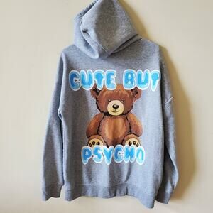 Birch & Stone Womens Cute But Psycho Teddy Bear Hoodie Size Large Gray